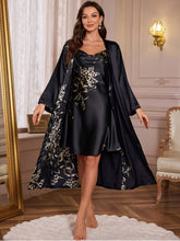 11003-Black Floral Satin Nightwear Robe Set for Women – Elegant Night Dress & Sleepwear